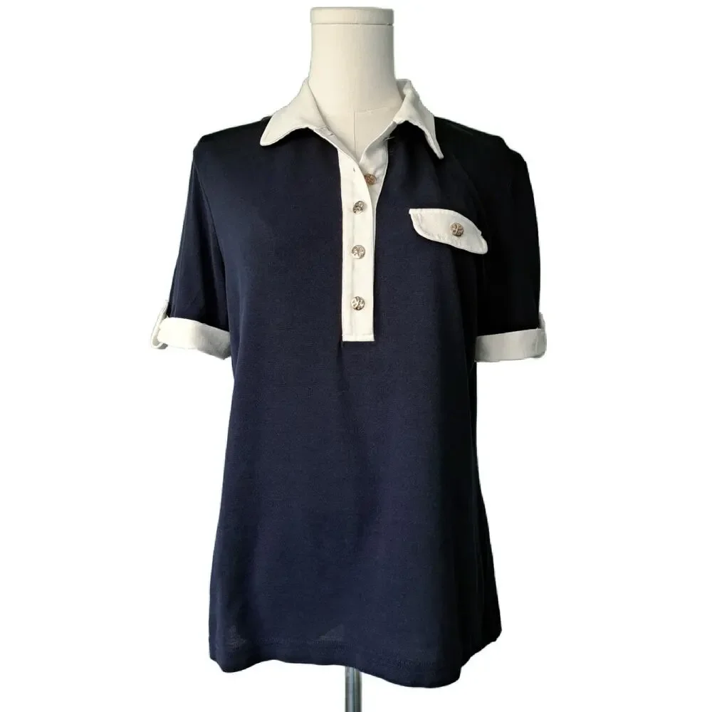 TORY BURCH Navy Blue Silk Cotton Knit Polo Shirt Large White Contrast Top Prep